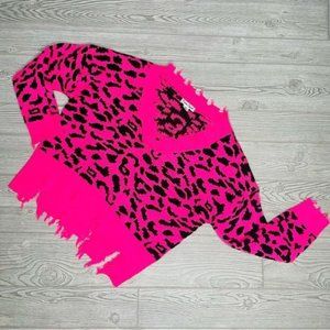 Caren sport hot Pink Black Leopard Animal Print Shredded distressed Sweater 3x